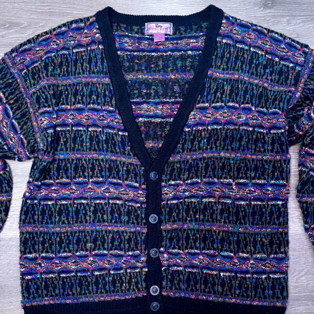 Vingage Concrete Mix Men's Vintage Abstract Knit Cardigan Sweater Black Multi